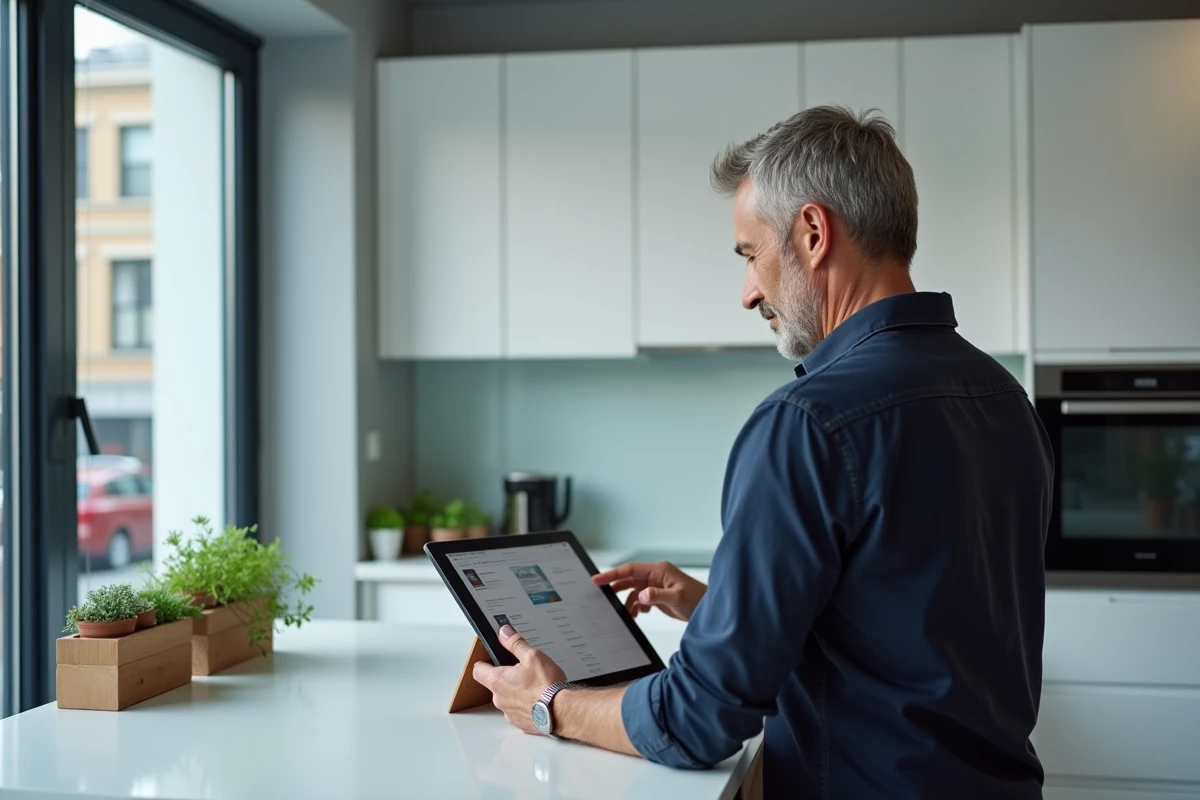 Homme consultant les rubriques du site Garan Cedore Magazine sur une tablette dans une cuisine moderne