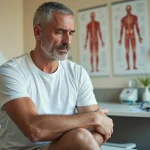 Homme en consultation médicale avec contraction musculaire involontaire du bras, examen clinique