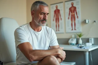 Homme en consultation médicale avec contraction musculaire involontaire du bras, examen clinique