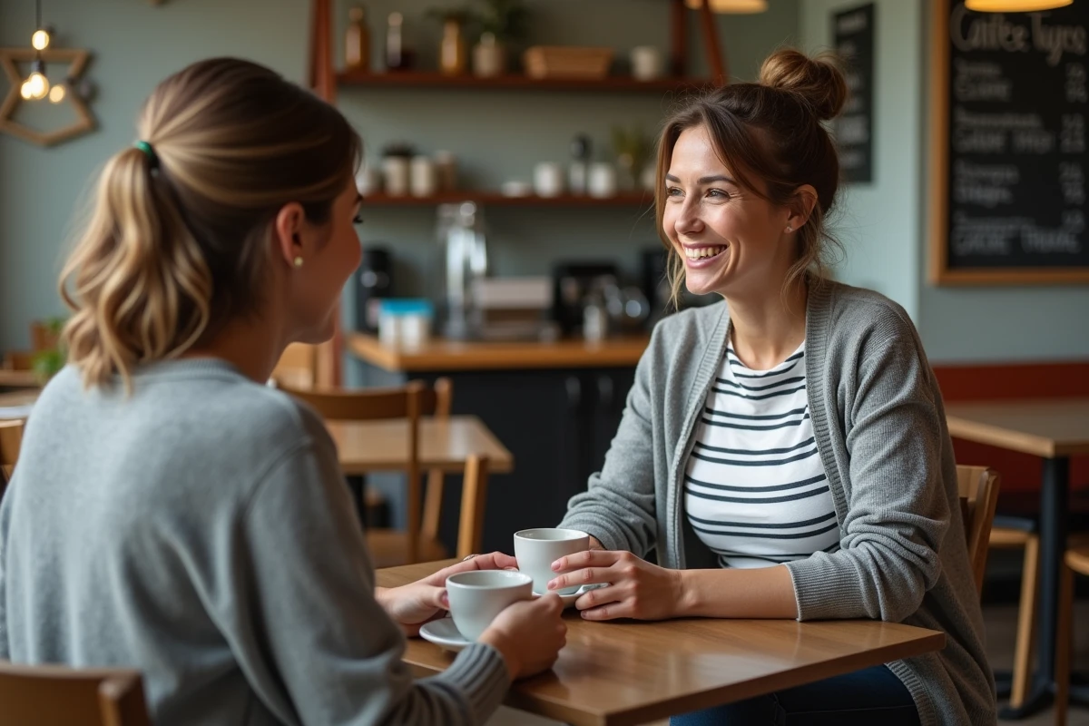 Deux femmes en conversation authentique dans un café de quartier, représentant des échanges humains bienveillants comme pilier d'une positivité concrète et durable