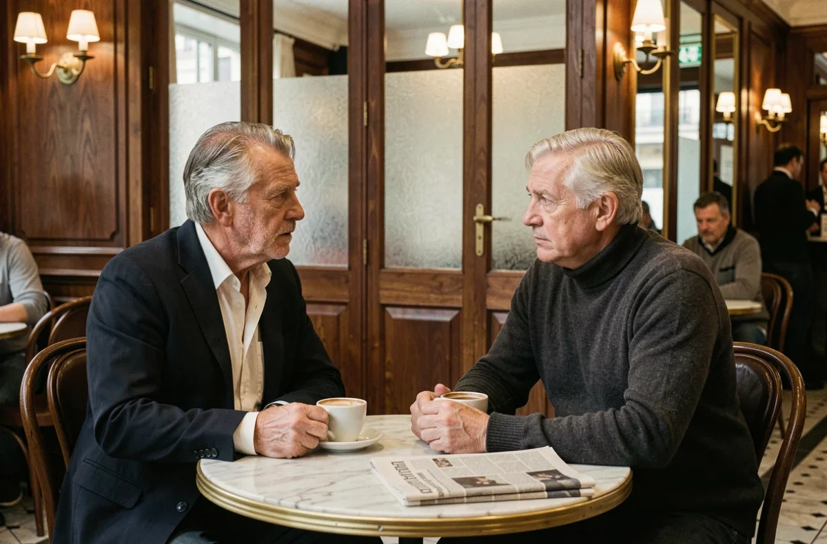 Deux hommes âgés en conversation sérieuse autour d'un café dans une brasserie parisienne traditionnelle, ambiance journalistique