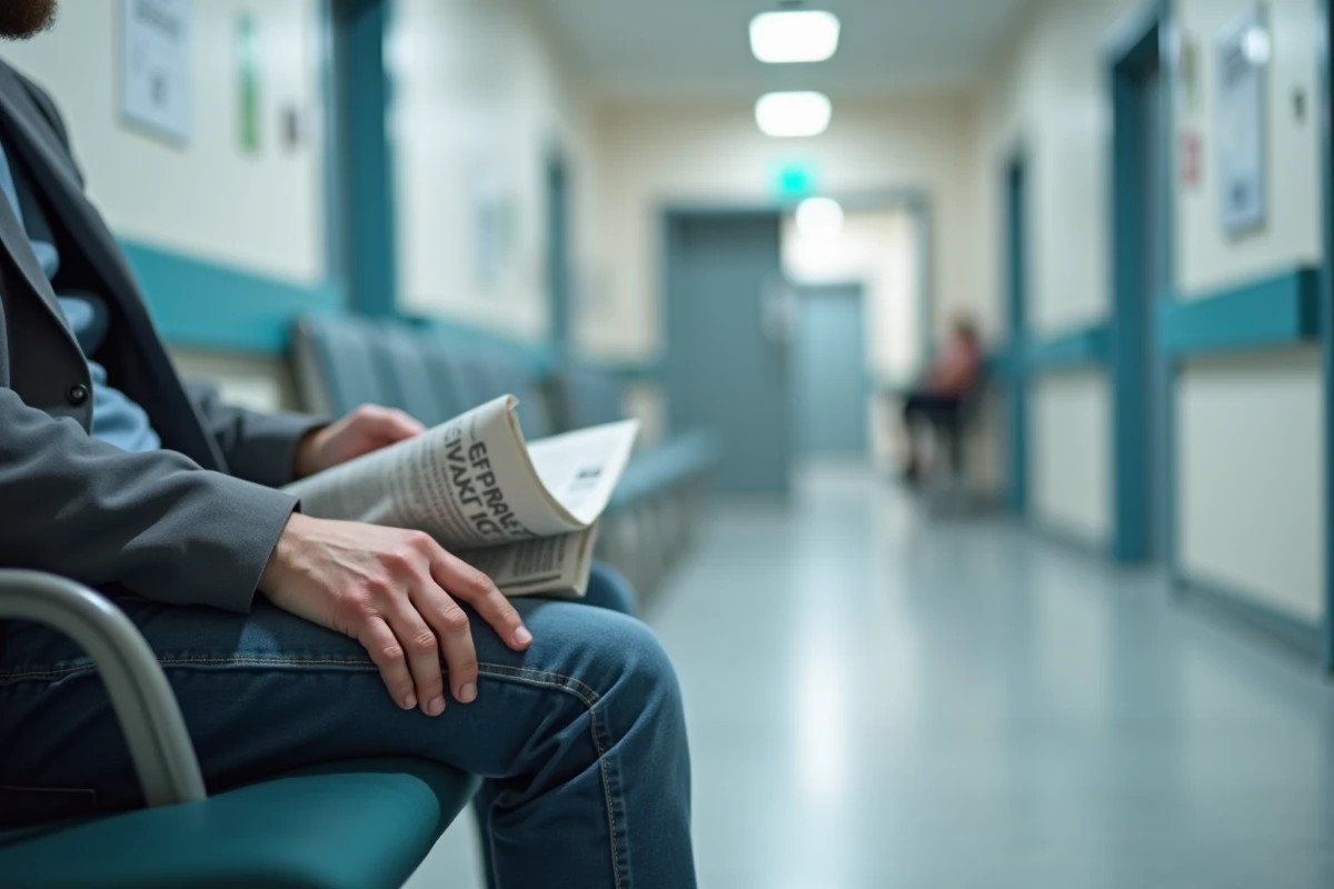 Couloir d'hôpital moderne en France avec des mains posées sur un accoudoir, évoquant l'attente médicale et les rumeurs de maladie circulant sur les réseaux sociaux