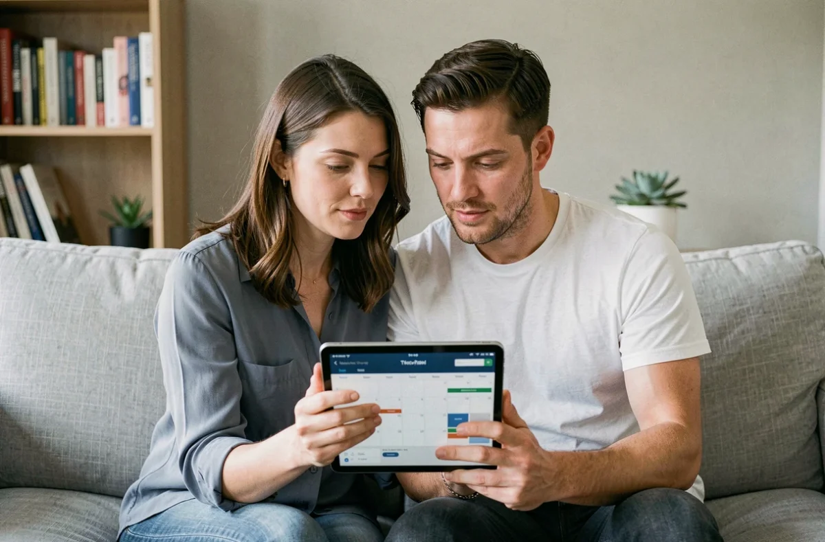 Couple consultant une application médicale pour calculer la date de terme après une FIV