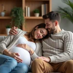 Couple attendant un bébé partageant un moment de tendresse et de sérénité sur le canapé pendant la grossesse