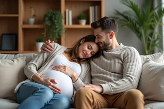Couple attendant un bébé partageant un moment de tendresse et de sérénité sur le canapé pendant la grossesse