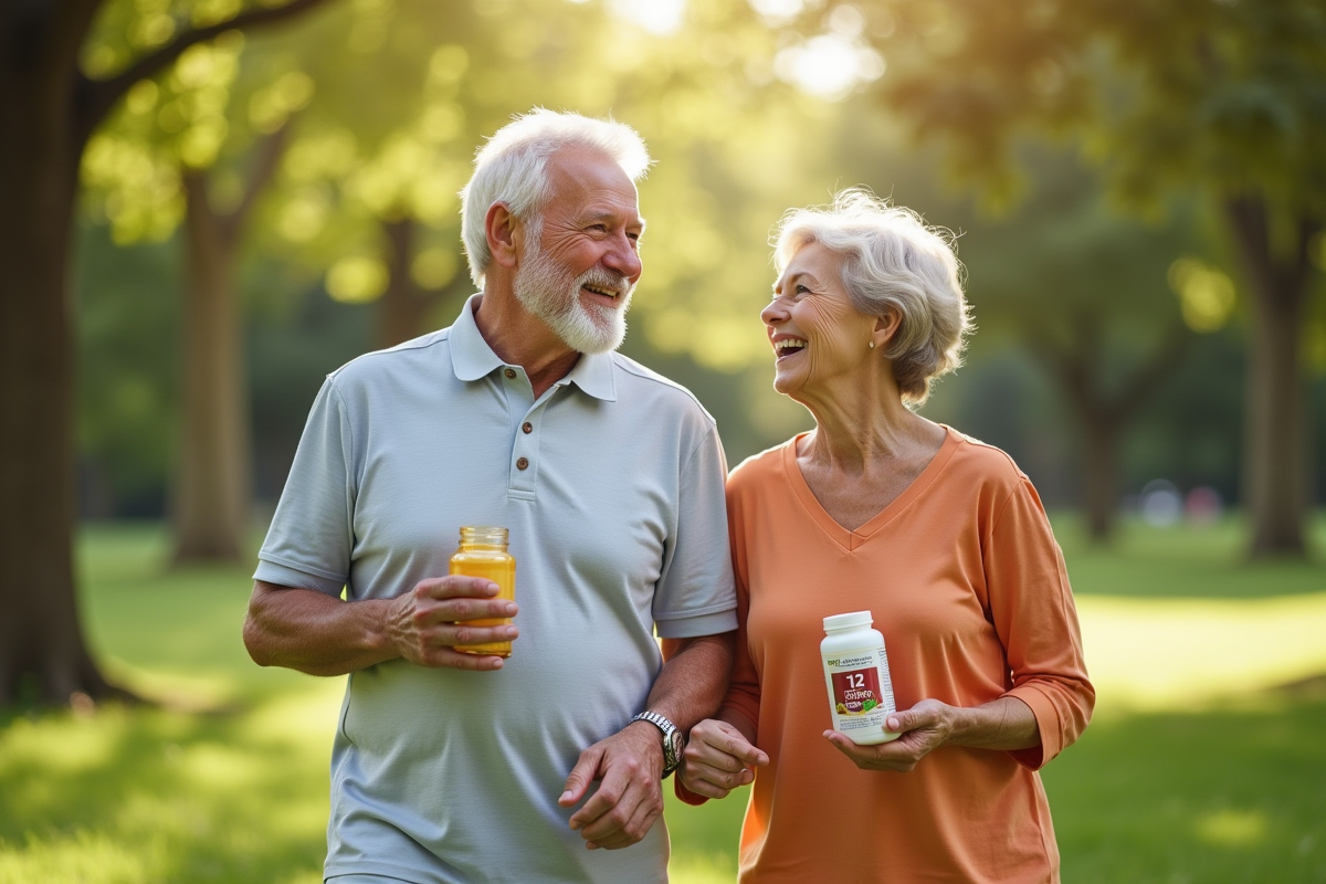 Couple senior marchant dans un parc en pleine nature avec vitamine B12