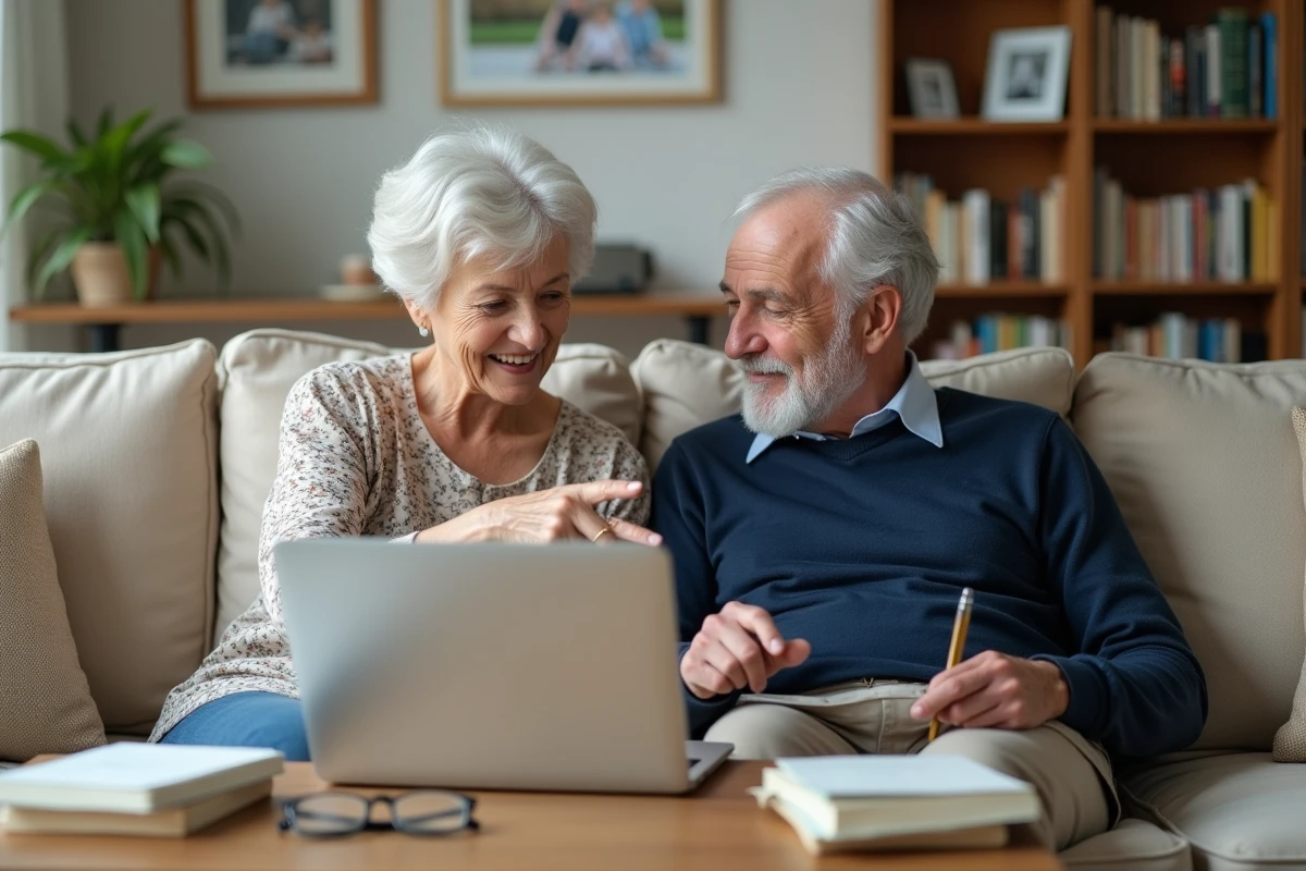 Un couple de seniors cherchant ensemble à prendre rendez-vous avec un médecin sur un ordinateur portable à domicile