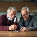 Couple âgé regardant un verre de vin rouge dans la cuisine