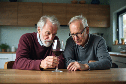 Couple âgé regardant un verre de vin rouge dans la cuisine