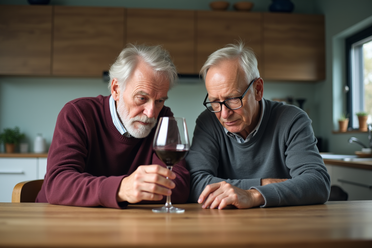 Couple âgé regardant un verre de vin rouge dans la cuisine
