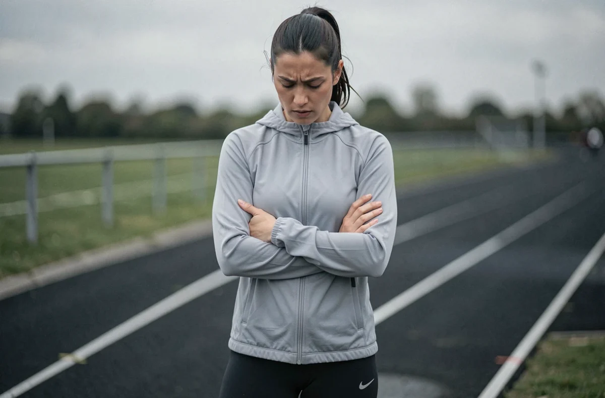 Coureuse souffrant d'une côte déplacée sur une piste d'athlétisme en phase de récupération
