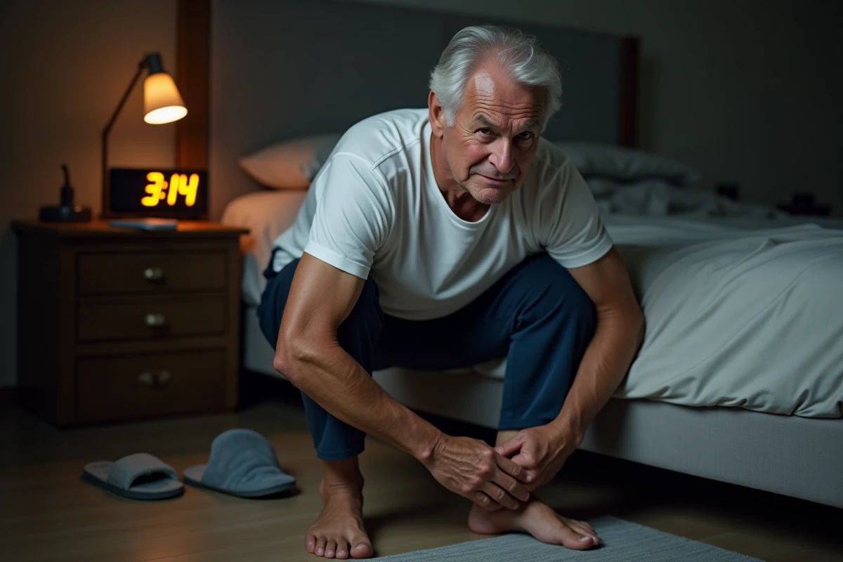 Homme âgé avec crampes nocturnes aux jambes assis sur le bord du lit la nuit
