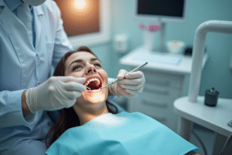 Dentiste effectuant un nettoyage dentaire dans une clinique moderne