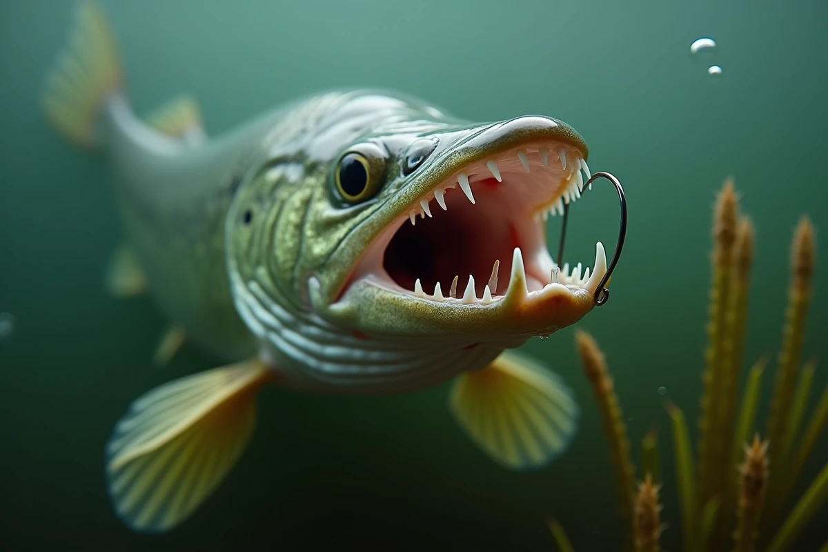 Gros plan sur les dents acérées d'un brochet en eau douce, illustrant le risque de morsure