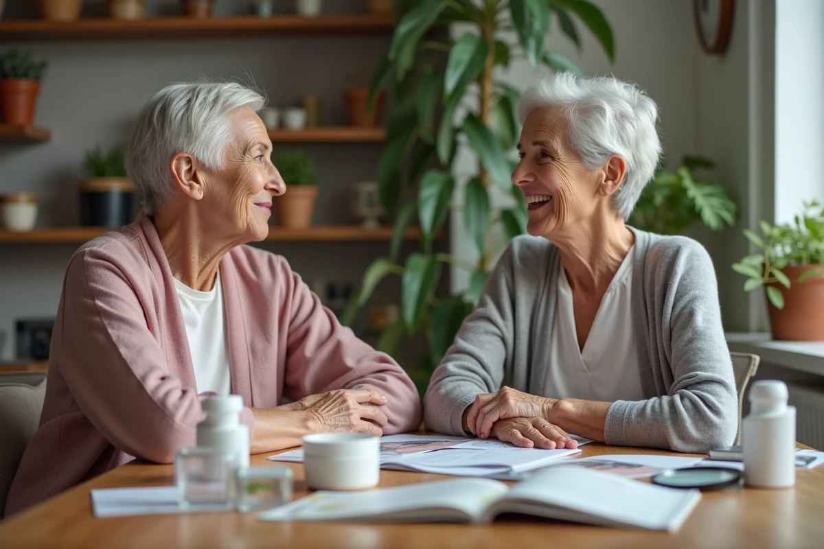 Deux femmes seniors discutant de solutions douces pour traiter les verrues séborrhéiques autour d'une table avec des brochures dermatologiques