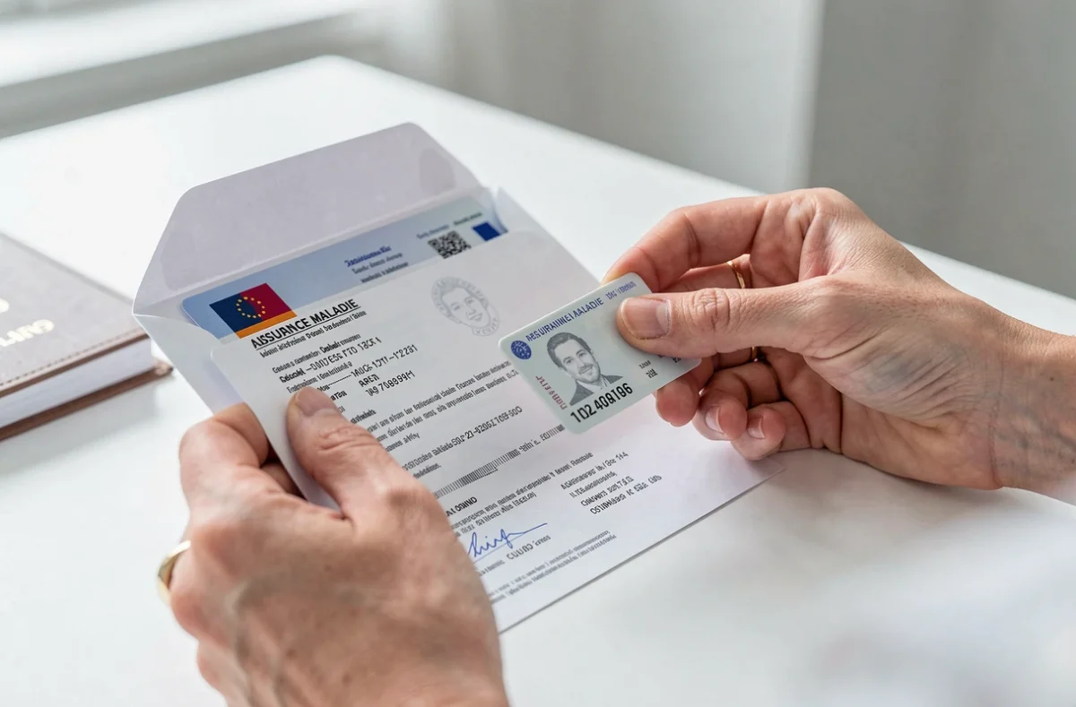 Gros plan sur une carte d'identité et des documents Assurance Maladie pour mise à jour carte Vitale