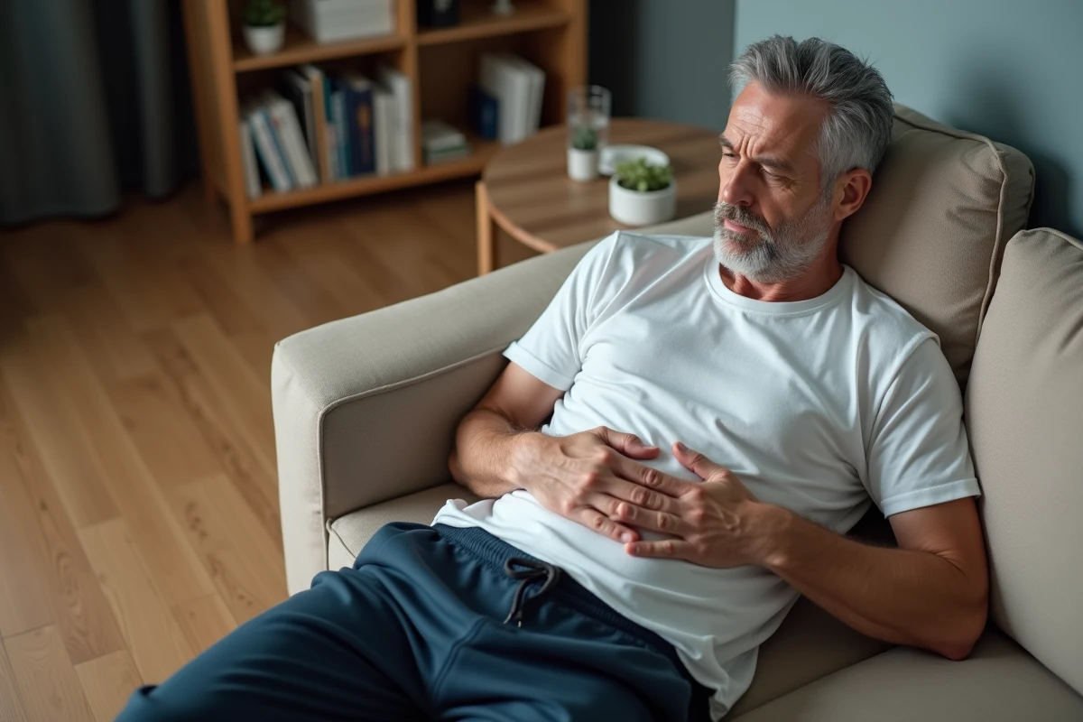 Homme allongé sur un canapé souffrant de douleurs abdominales hautes évoquant une pathologie pancréatique