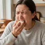 Femme grimançant de douleur dentaire en mangeant du pain dans une cuisine