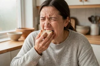 Femme grimançant de douleur dentaire en mangeant du pain dans une cuisine