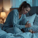 Femme d'âge mûr souffrant de douleurs aux jambes la nuit allongée dans son lit