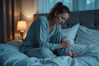 Femme d'âge mûr souffrant de douleurs aux jambes la nuit allongée dans son lit