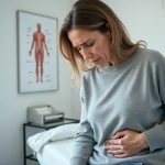 Femme tenant son abdomen supérieur droit lors d'une consultation médicale pour douleur du pancréas