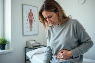 Femme tenant son abdomen supérieur droit lors d'une consultation médicale pour douleur du pancréas