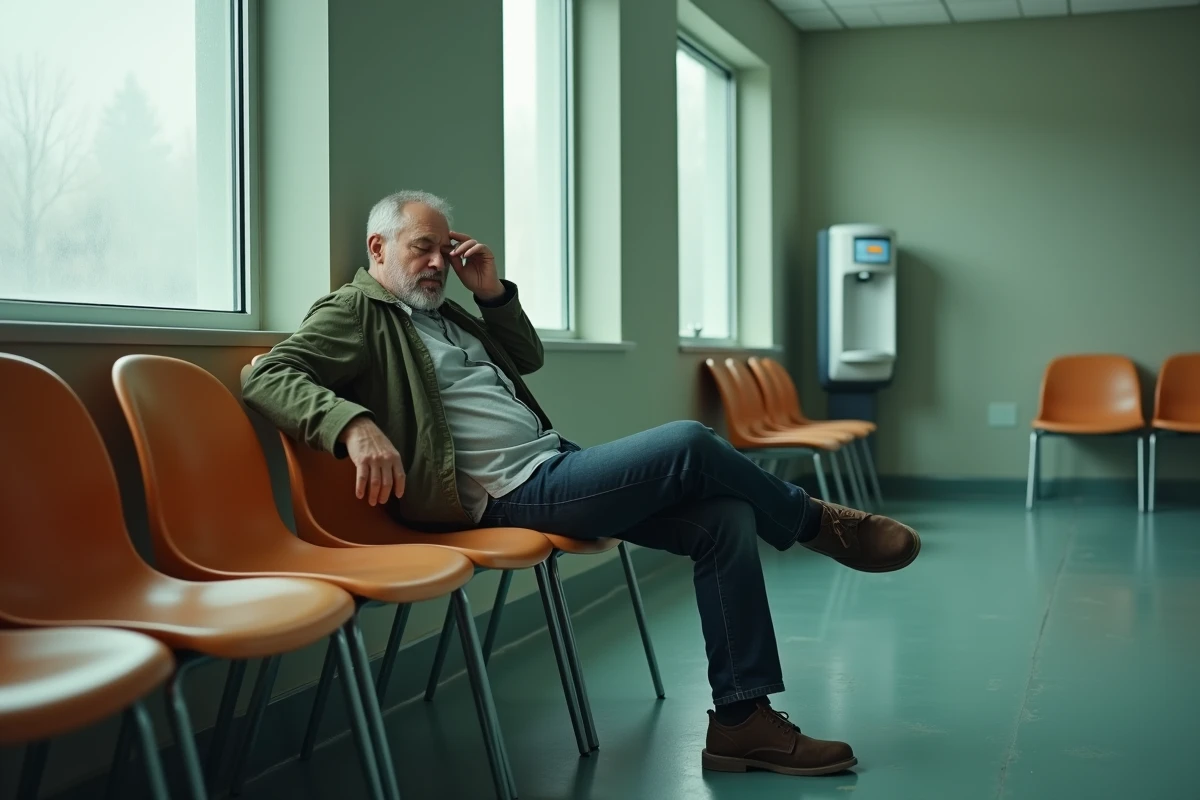 Homme épuisé psychologiquement dans une salle d'attente d'hôpital après une IRM, exprimant stress et claustrophobie