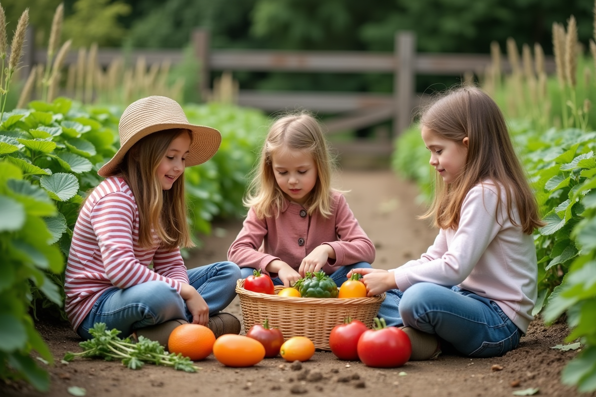 Enfants dans un jardin communautaire avec panier de fruits et légumes