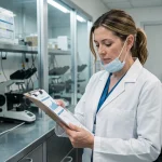 Épidémiologiste en blouse blanche analysant des données sur un variant Covid dans un laboratoire de recherche moderne en France
