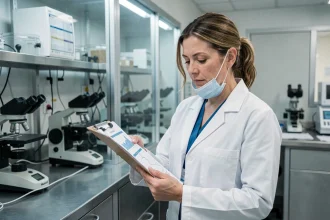 Épidémiologiste en blouse blanche analysant des données sur un variant Covid dans un laboratoire de recherche moderne en France