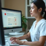 Professionnelle de santé frustrée face à une erreur de connexion sur le portail Medisys à son poste de travail hospitalier