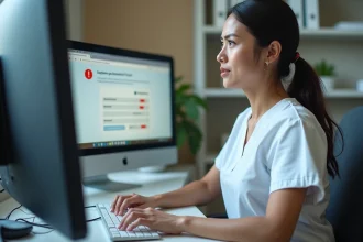 Professionnelle de santé frustrée face à une erreur de connexion sur le portail Medisys à son poste de travail hospitalier