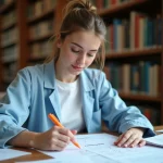Étudiante en chimie révisant des fiches mémo sur le calcul de concentration à la bibliothèque universitaire