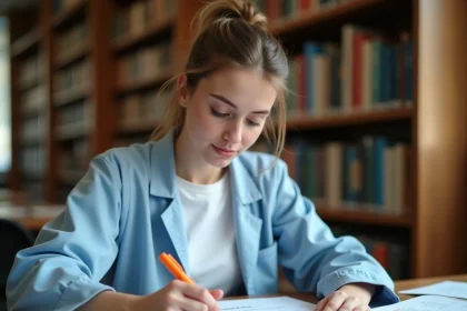 Étudiante en chimie révisant des fiches mémo sur le calcul de concentration à la bibliothèque universitaire