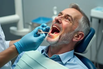 Dentiste examinant la bouche d'un patient pour détecter des anomalies sur la langue et les muqueuses