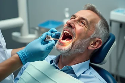 Dentiste examinant la bouche d'un patient pour détecter des anomalies sur la langue et les muqueuses