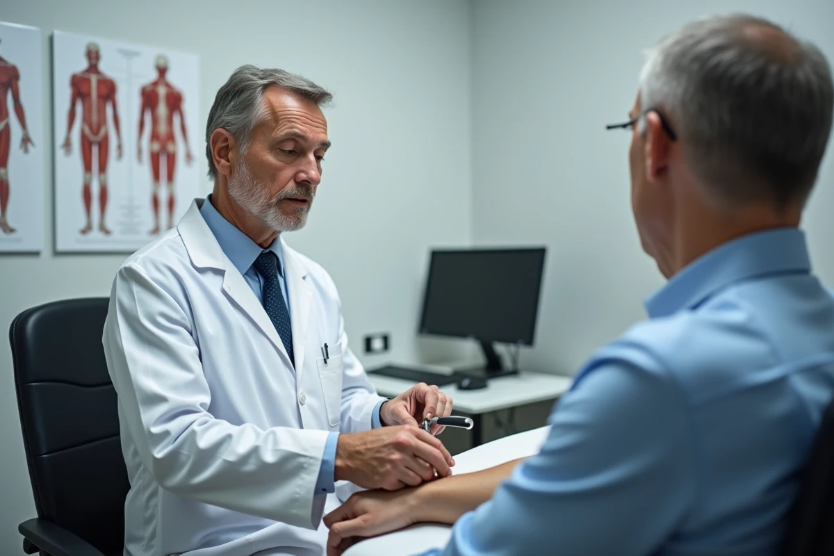 Médecin réalisant un examen neurologique sur un patient pour diagnostiquer des contractions musculaires involontaires
