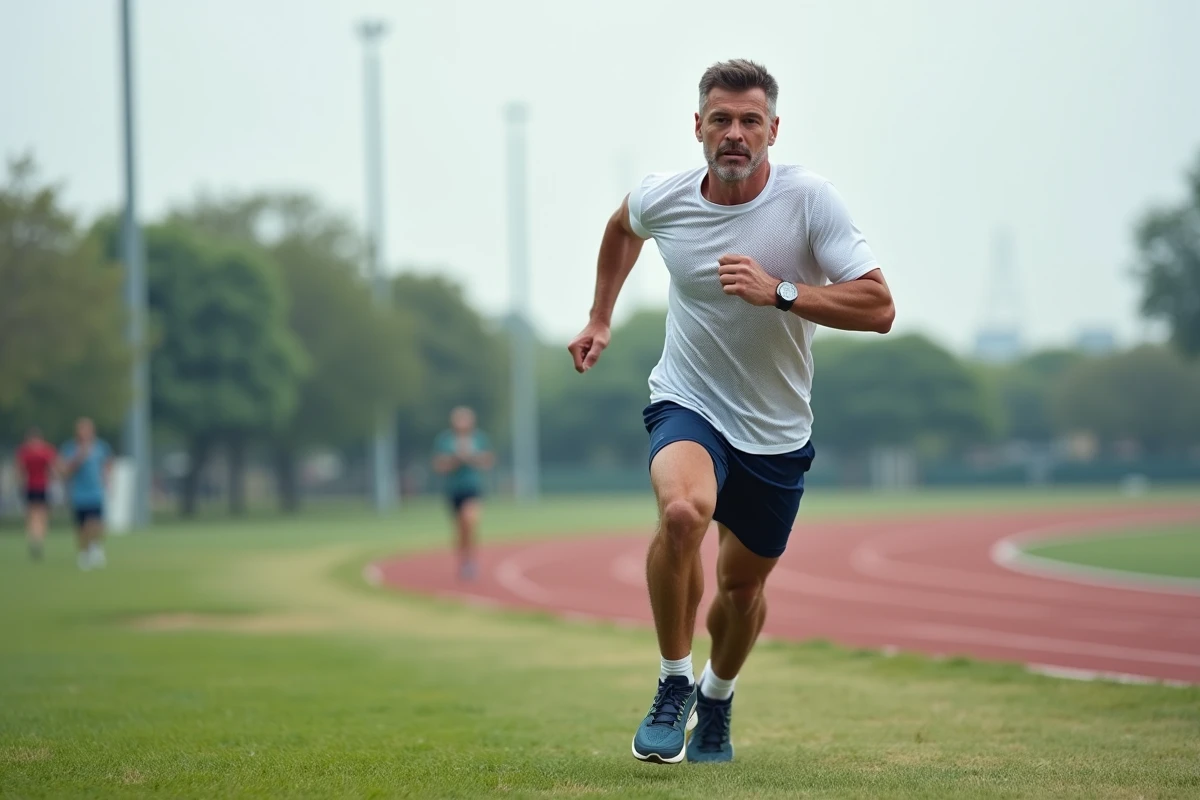 Coureur réalisant un exercice de rééducation pour la tendinopathie de la patte d'oie sur une piste d'athlétisme