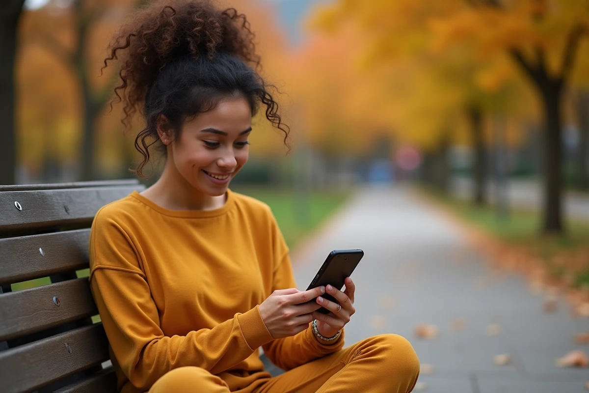Jeune femme explorant les sections du site Garan Cedore Magazine sur smartphone dans un parc en automne