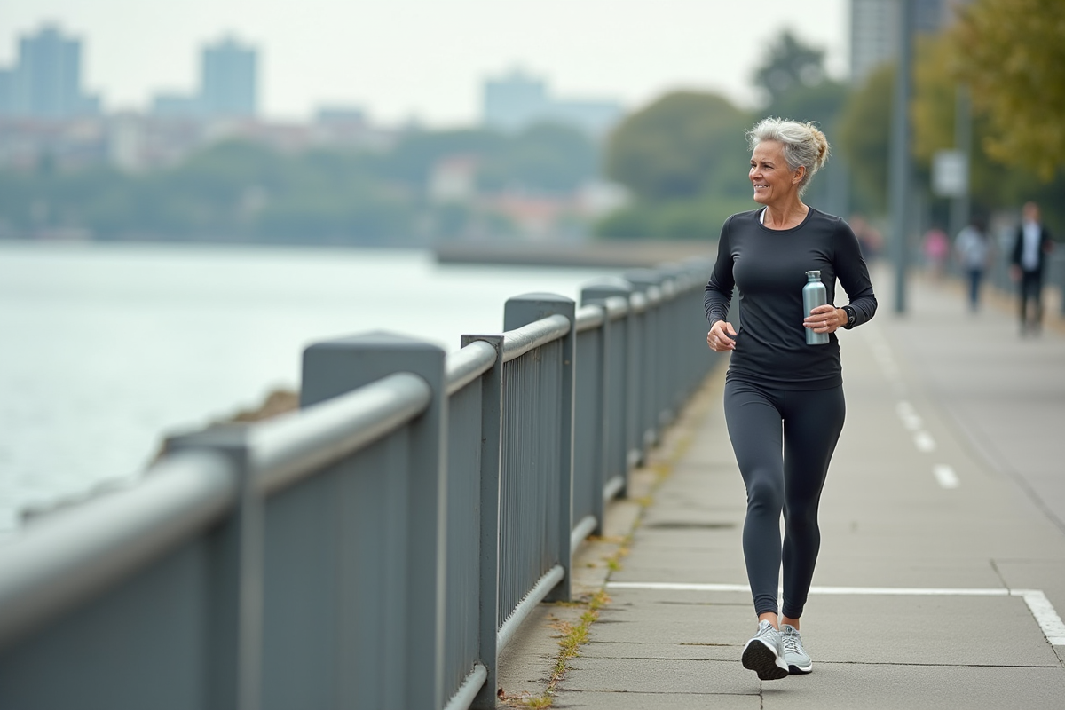 Femme en tenue de sport marchant le long de la rivière