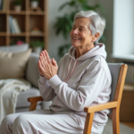 Femme âgée faisant des exercices assise dans un salon lumineux