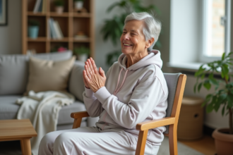 Femme âgée faisant des exercices assise dans un salon lumineux