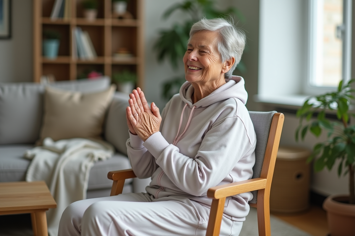 Femme âgée faisant des exercices assise dans un salon lumineux