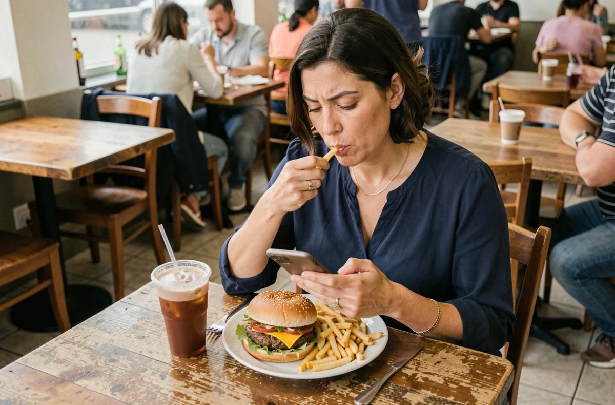 Femme d'une trentaine d'années assise seule au restaurant en train de manger un repas fast food copieux avec une boisson sucrée tout en regardant son téléphone