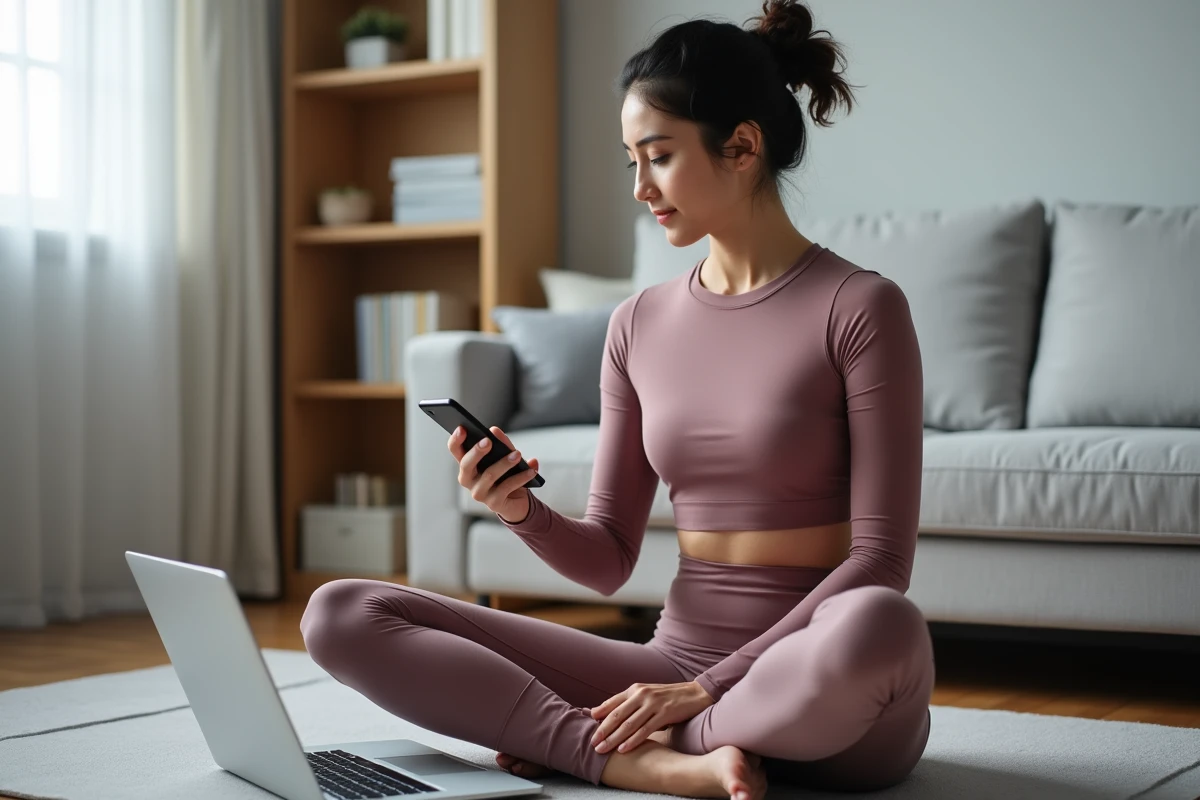 Femme consultant l'application BetterMe Pilates sur ordinateur portable et smartphone après une séance d'entraînement à domicile