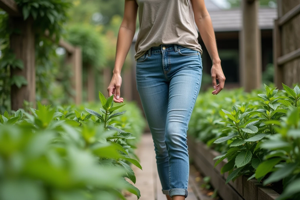 Femme dans un jardin de menthe en promenade contemplative