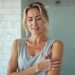 Femme examinant une boule douloureuse sous l'aisselle dans une salle de bain moderne