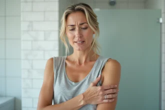 Femme examinant une boule douloureuse sous l'aisselle dans une salle de bain moderne