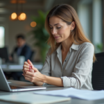 Femme d affaires se massant le poignet au bureau